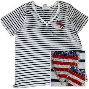Cynthia Rowley Striped V-neck T-shirt Heart Flag M
